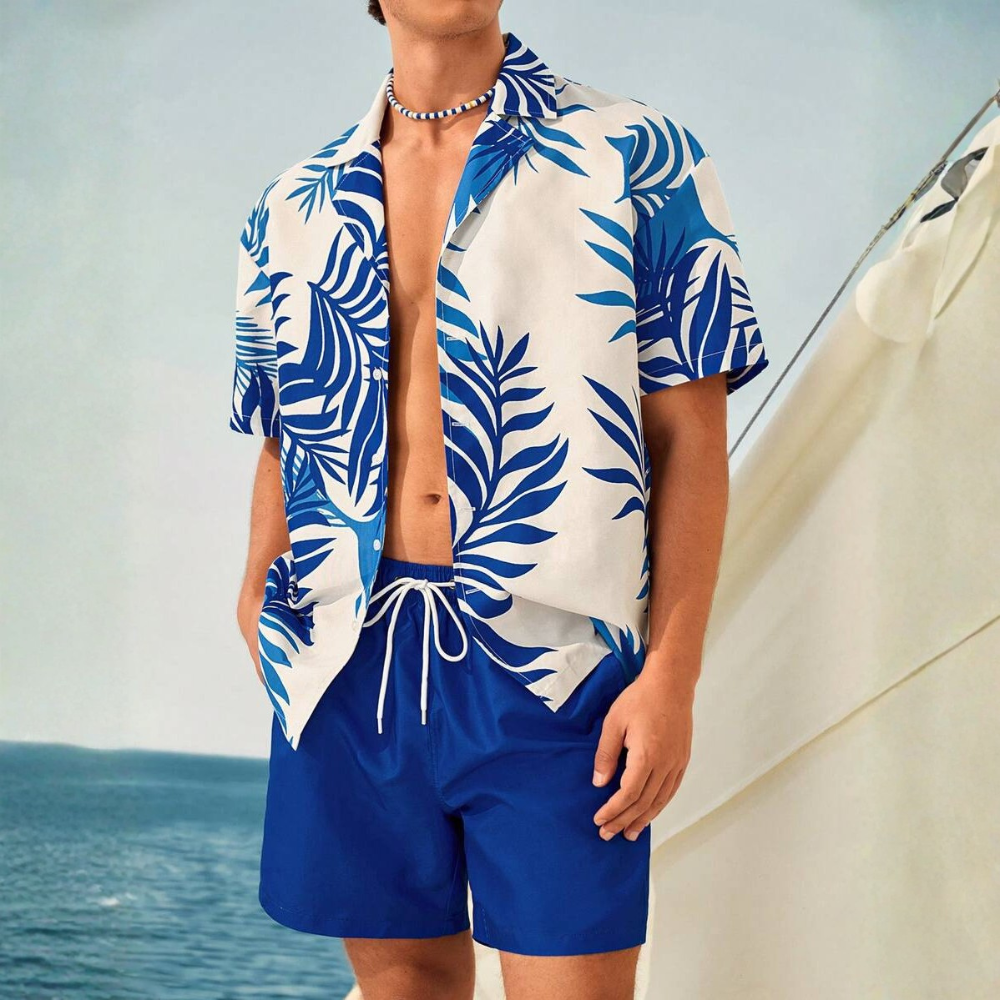 Tropical Plant Print Button-Down Short Sleeve Shirt And Drawstring Waist Pocket Shorts Beach Outfit