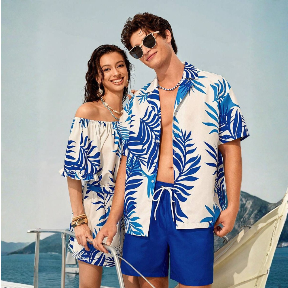 Tropical Plant Print Button-Down Short Sleeve Shirt And Drawstring Waist Pocket Shorts Beach Outfit