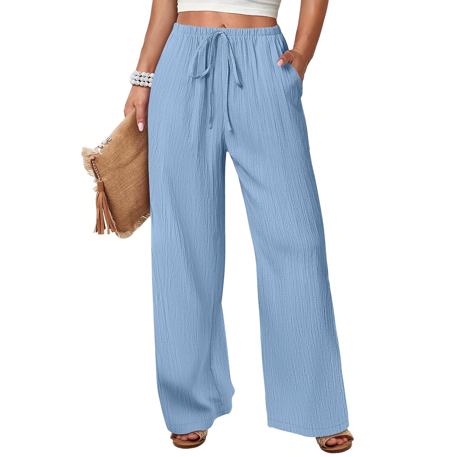Casual Flowy Drawstring Palazzo Pants With Pockets