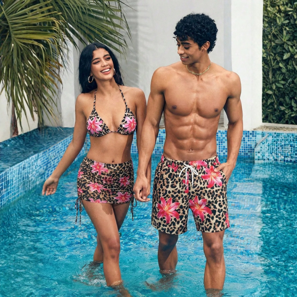 Beach Matching Swimwear Set With Tropical Print For Couples