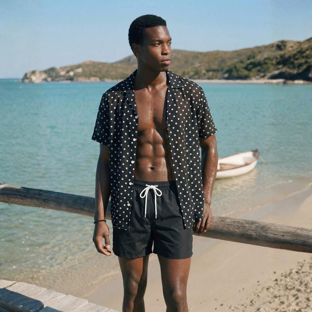 Tropical Plant Print Button-Down Short Sleeve Shirt And Drawstring Waist Pocket Shorts Beach Outfit