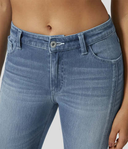 Mid Rise Button Zipper Multiple Pockets Stretchy Knit Casual Skinny Jeans-Legletic