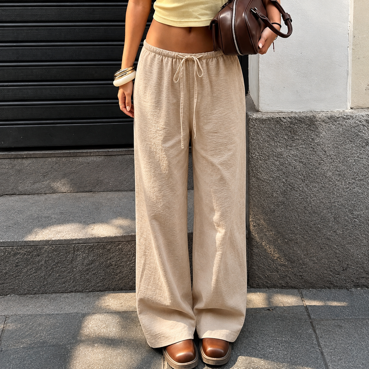 Linen Style High Rise Casual Pants For Everyday Vacation Women