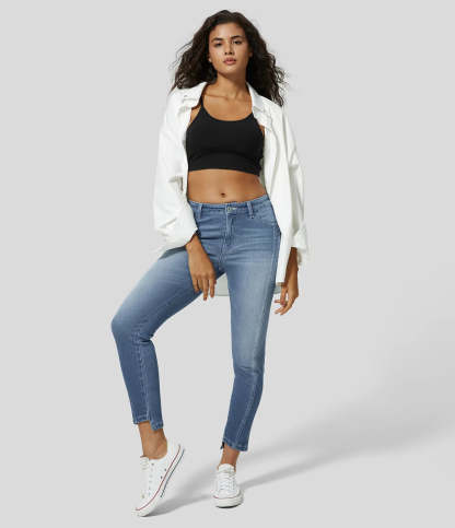 Mid Rise Button Zipper Multiple Pockets Stretchy Knit Casual Skinny Jeans-Legletic
