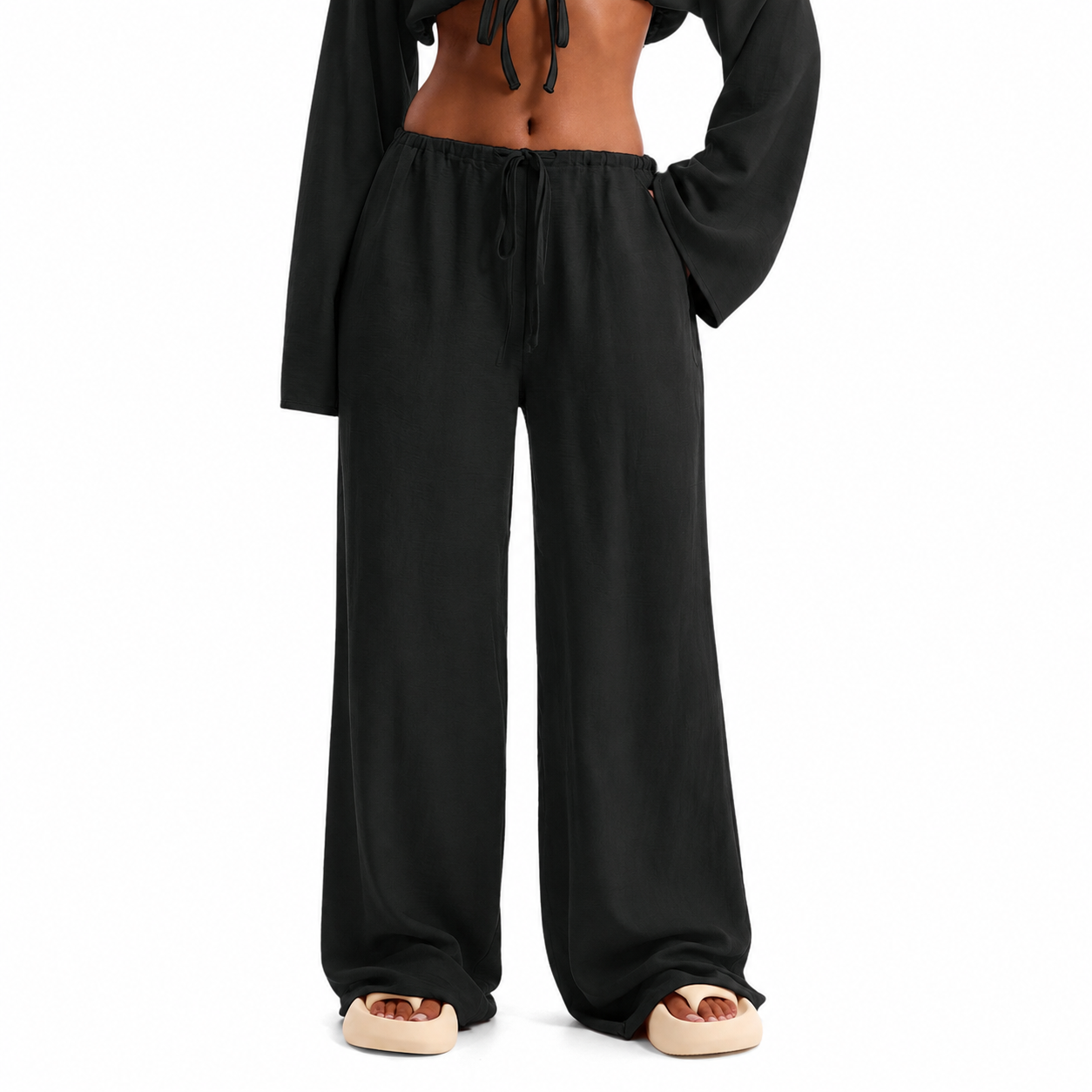 Tie Front Linen Feel Vacation Beach Trousers For Women
