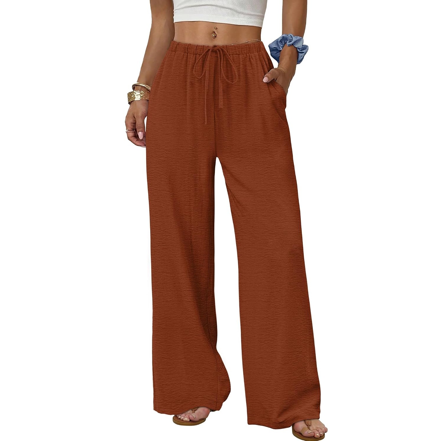 Flowy Wide Length Palazzo Pants With Pockets For Women