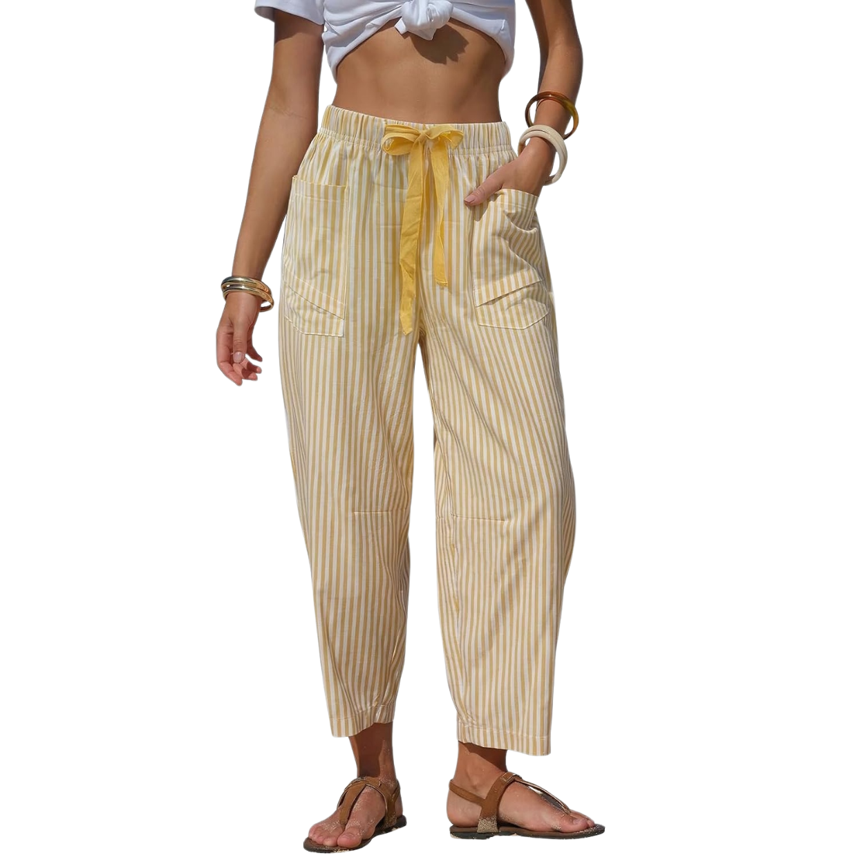 Summer Striped Barrel Pants With Drawstring For Women