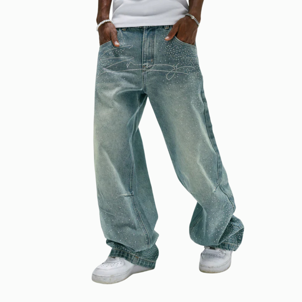 Embellished Wide Denim Pants With Chain Detail-Legletic