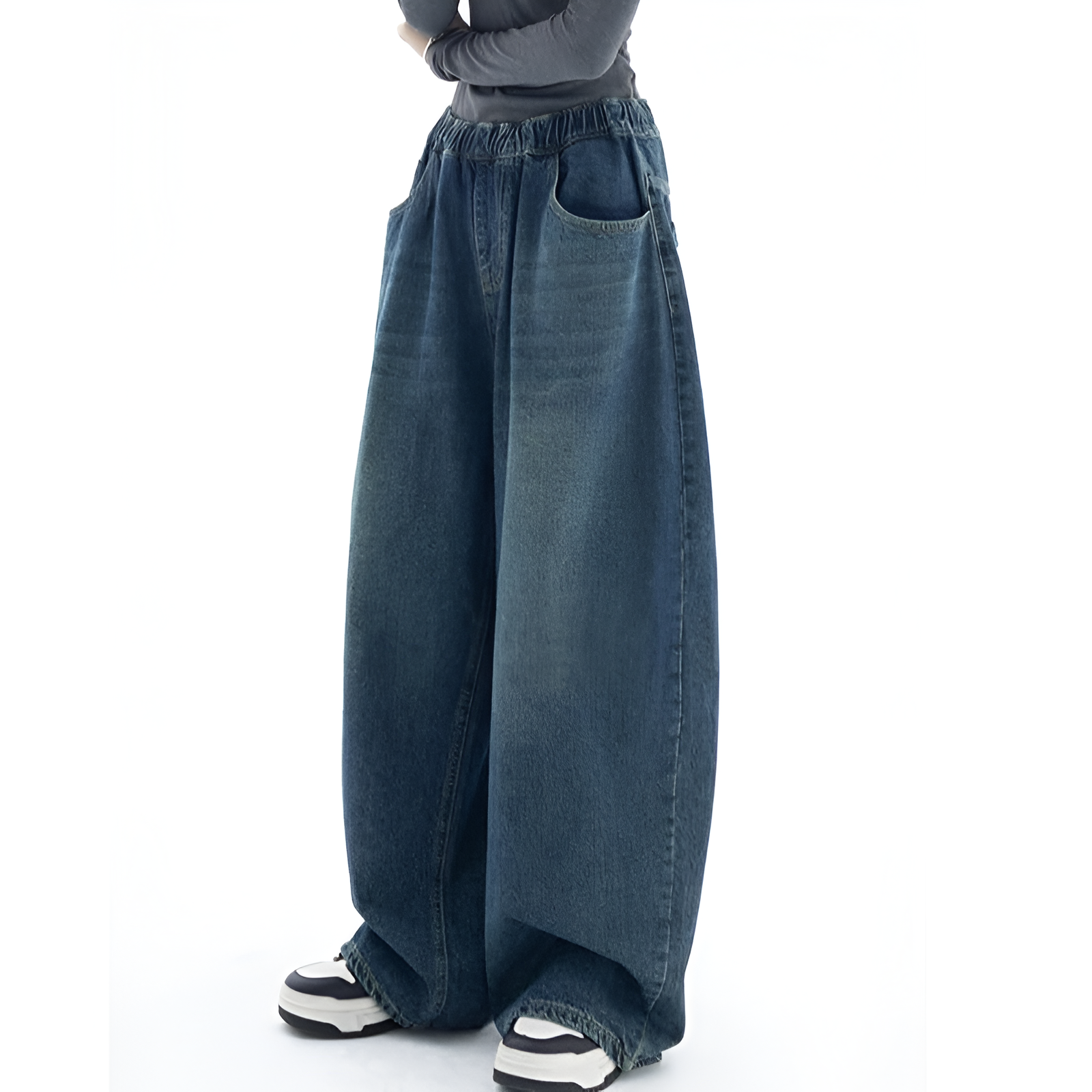 Dark Wash Loose Fit Vintage Denim Pants For Women