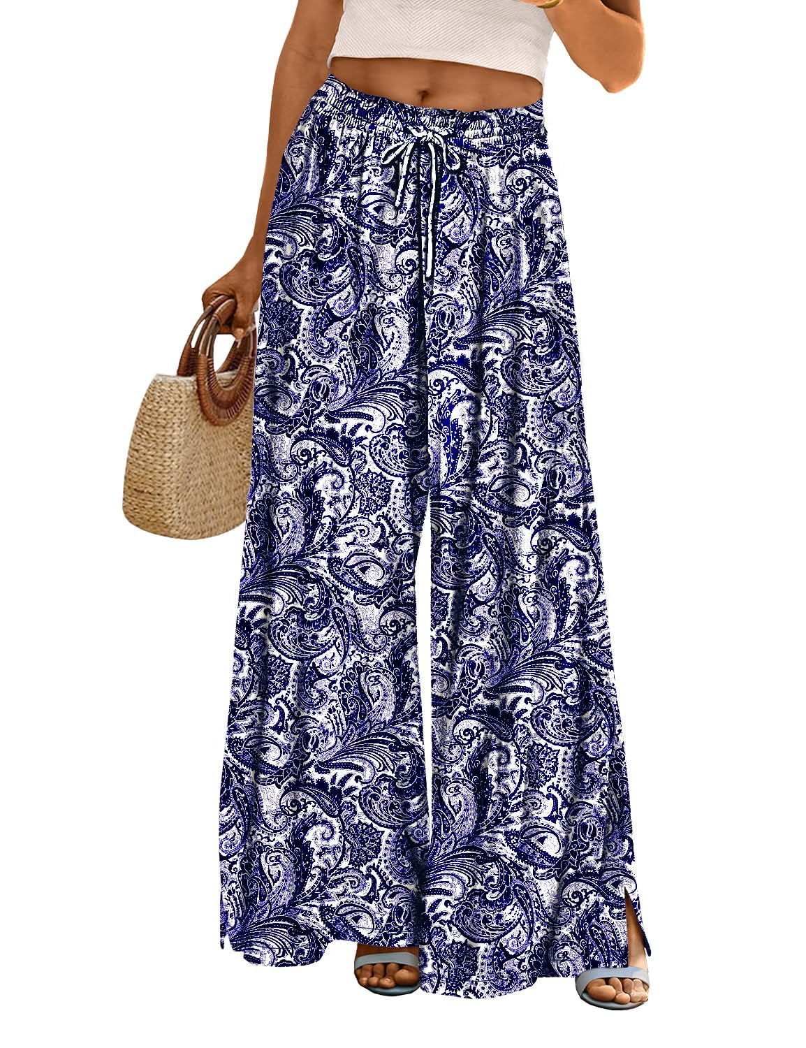 Casual Wide Flowy Beach Pants With Drawstring For Women