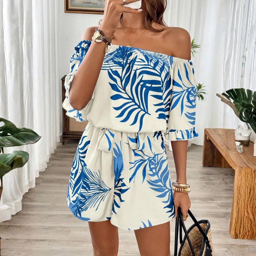 Tropical Plant Print Button-Down Short Sleeve Shirt And Drawstring Waist Pocket Shorts Beach Outfit