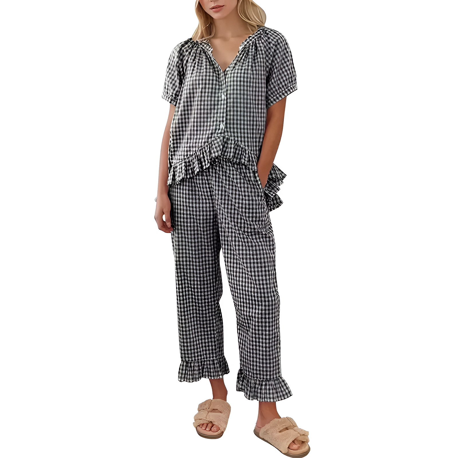Gingham Pajamas Set 2 Piece for Women Plaid Sets Pjs Vintage Y2K 100% Cotton Clothes Button Down Babydoll Top with Puff Sleeves & Matching Ruffle Pants Cute Loungewear Loungewear Pjs Sleepwear Nightwear Homewear Comfort Outfit
