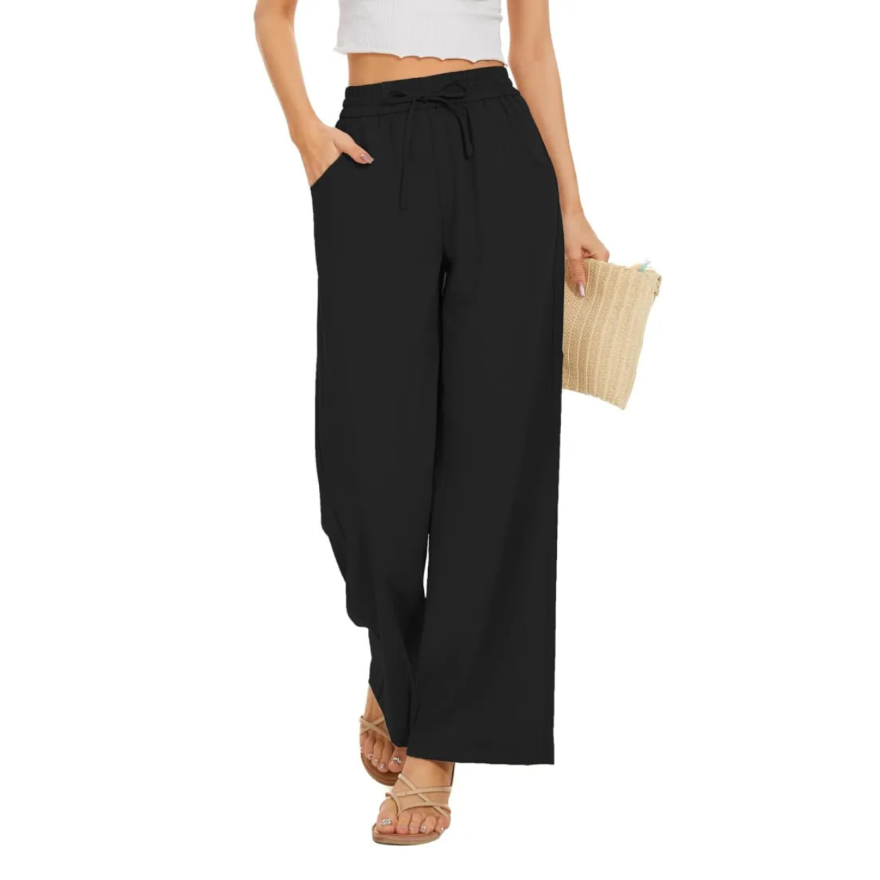 Loose Fit Palazzo Pants With Elastic And Pockets For Women