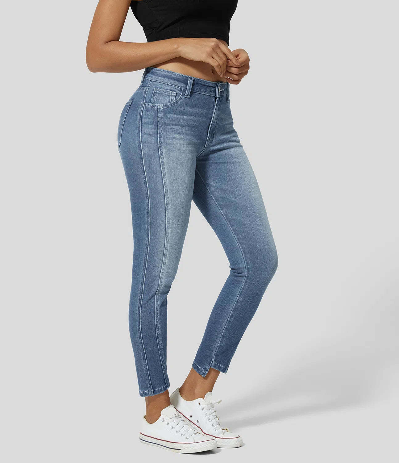 Mid Rise Button Zipper Multiple Pockets Stretchy Knit Casual Skinny Jeans-Legletic