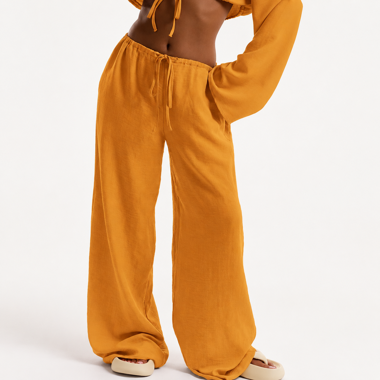 Tie Front Linen Feel Vacation Beach Trousers For Women