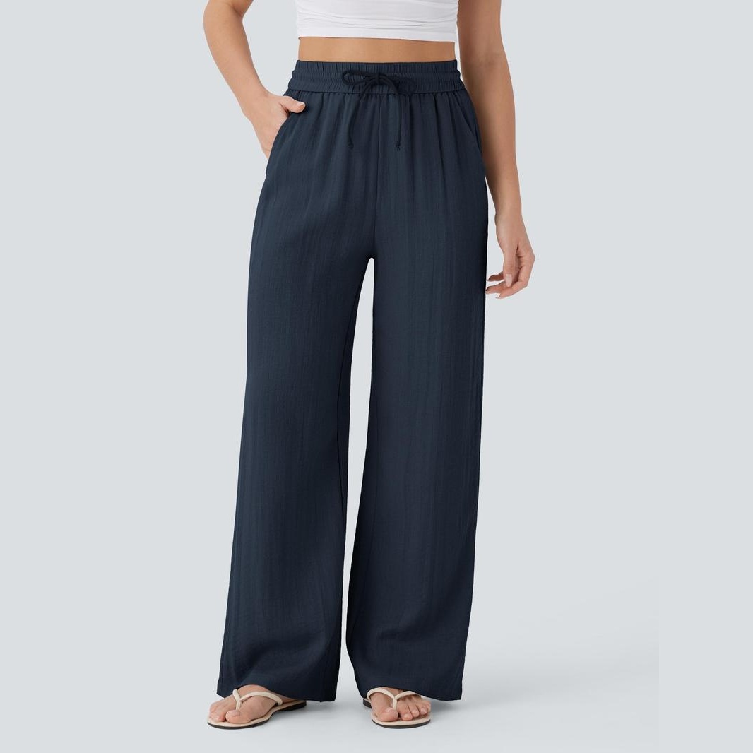 Casual Wide Baggy Linen Feel Pants With Drawstring For Women