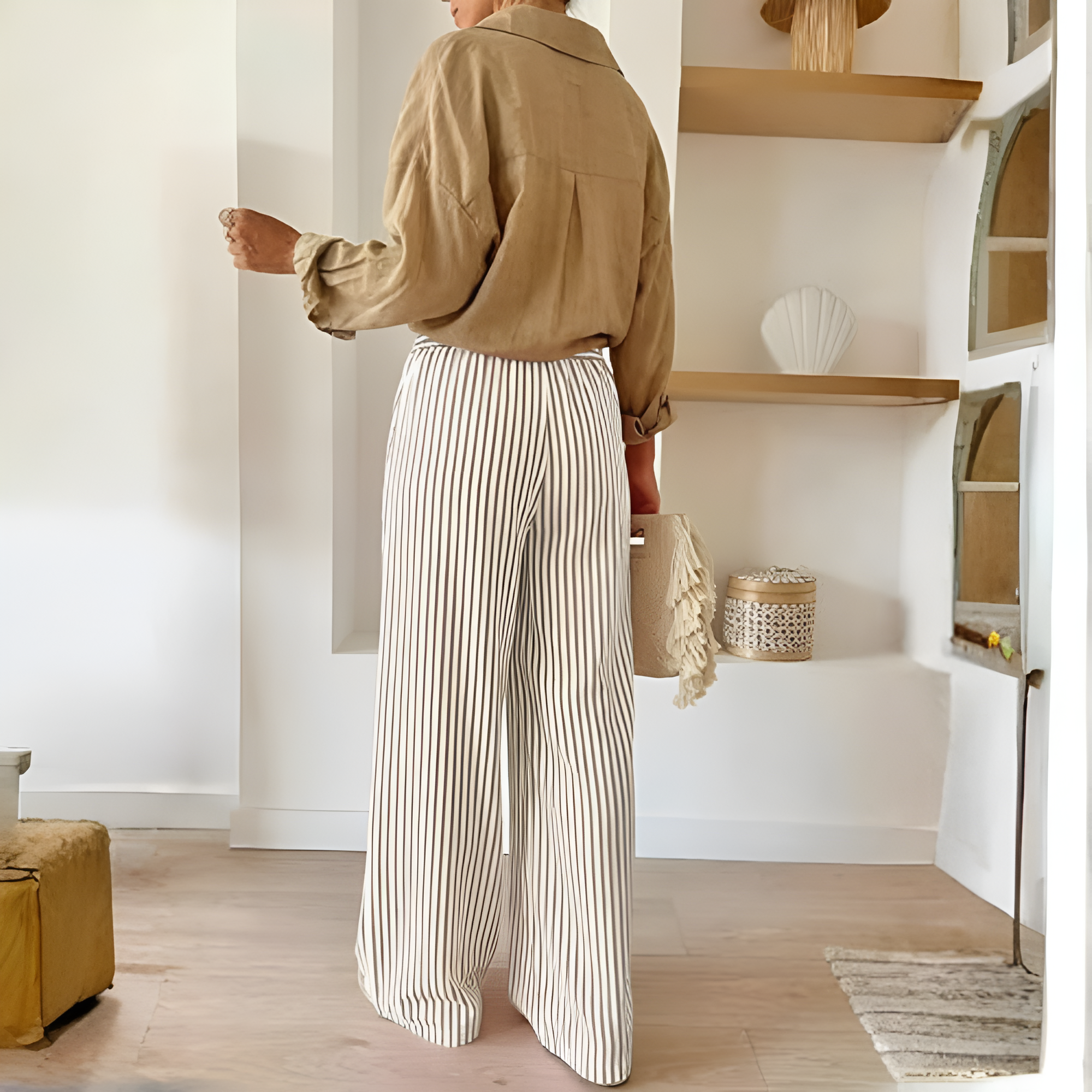 Women Casual Drawstring Elastic Waist Striped Wide Leg Pants with Pockets
