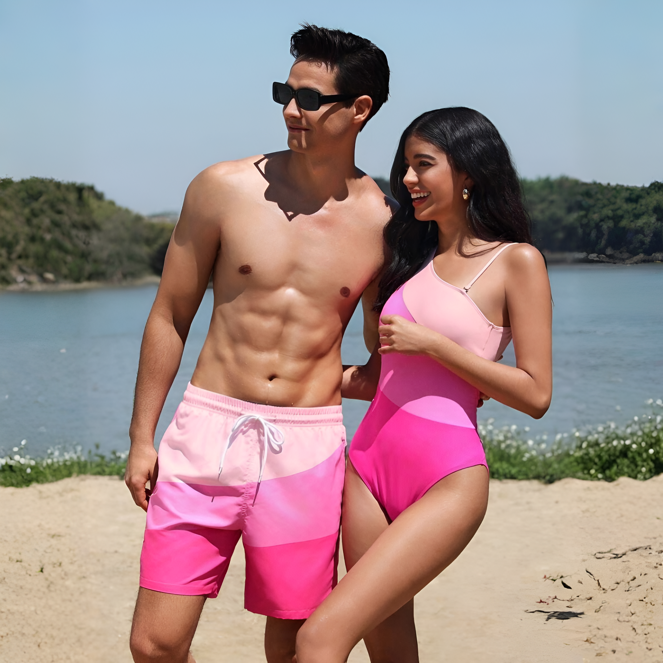 Color Block Men Beach Shorts And Women Swimsuit Matching Swimwear Set  