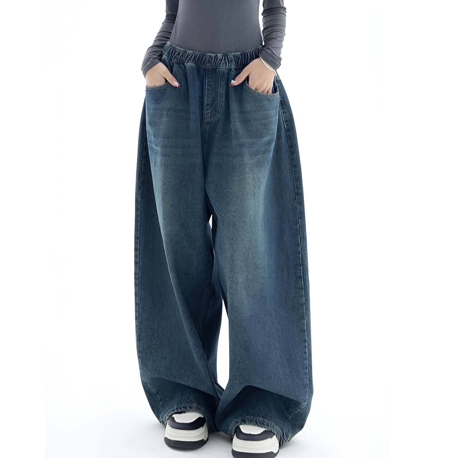 Dark Wash Loose Fit Vintage Denim Pants For Women