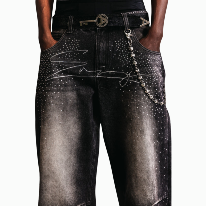 Embellished Wide Denim Pants With Chain Detail-Legletic
