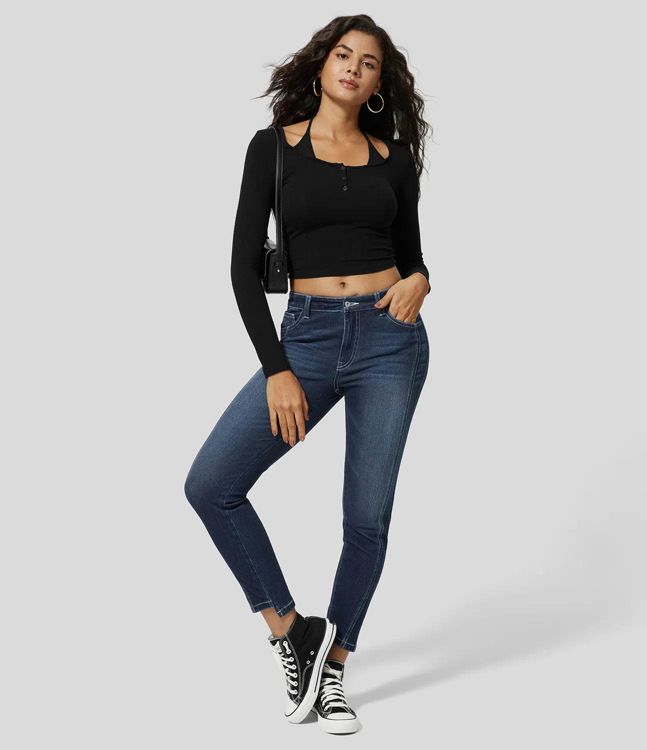 Mid Rise Button Zipper Multiple Pockets Stretchy Knit Casual Skinny Jeans-Legletic