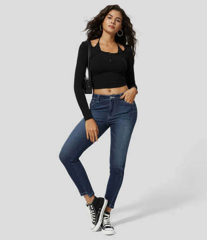Mid Rise Button Zipper Multiple Pockets Stretchy Knit Casual Skinny Jeans-Legletic