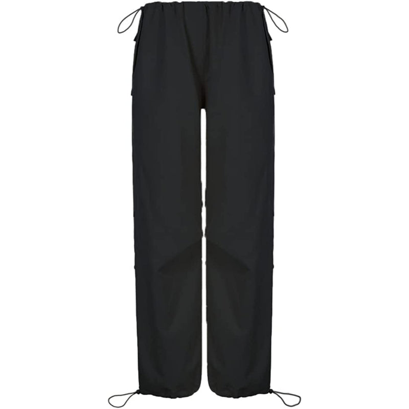 Women Baggy Low Waist Cargo Pants Y2K Parachute Pants For Women Wide Straight Leg Drawstring Trouser With Pocket-Legletic