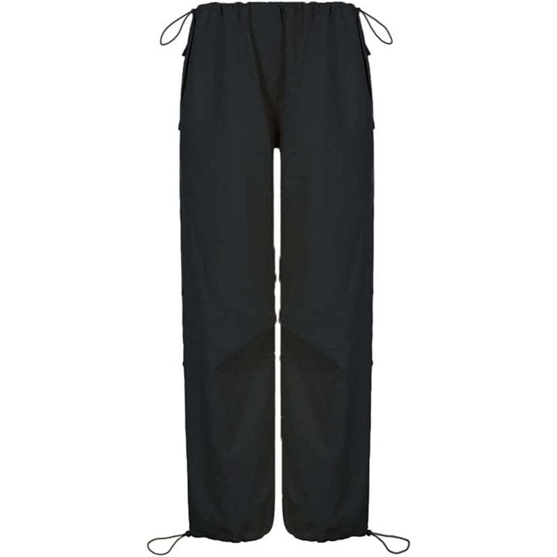 Women Baggy Low Waist Cargo Pants Y2K Parachute Pants For Women Wide Straight Leg Drawstring Trouser With Pocket-Legletic
