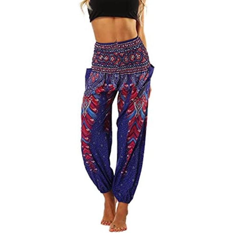 Women's Boho Pants Harem Smocked Waist Yoga Hippie Palazzo Summer Beach Pants-Legletic