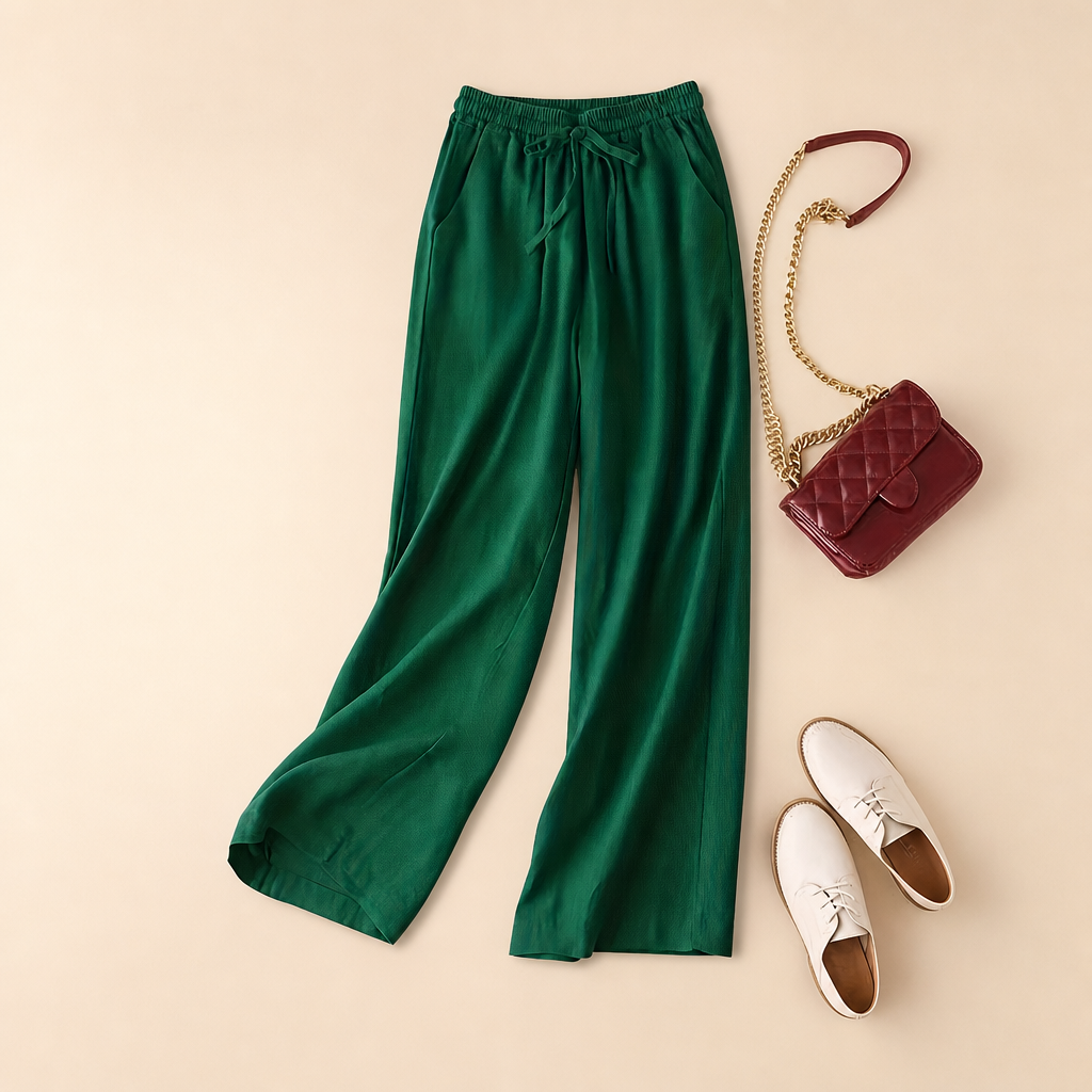 Solid Colored High Rise Wide Retro Pants For Women
