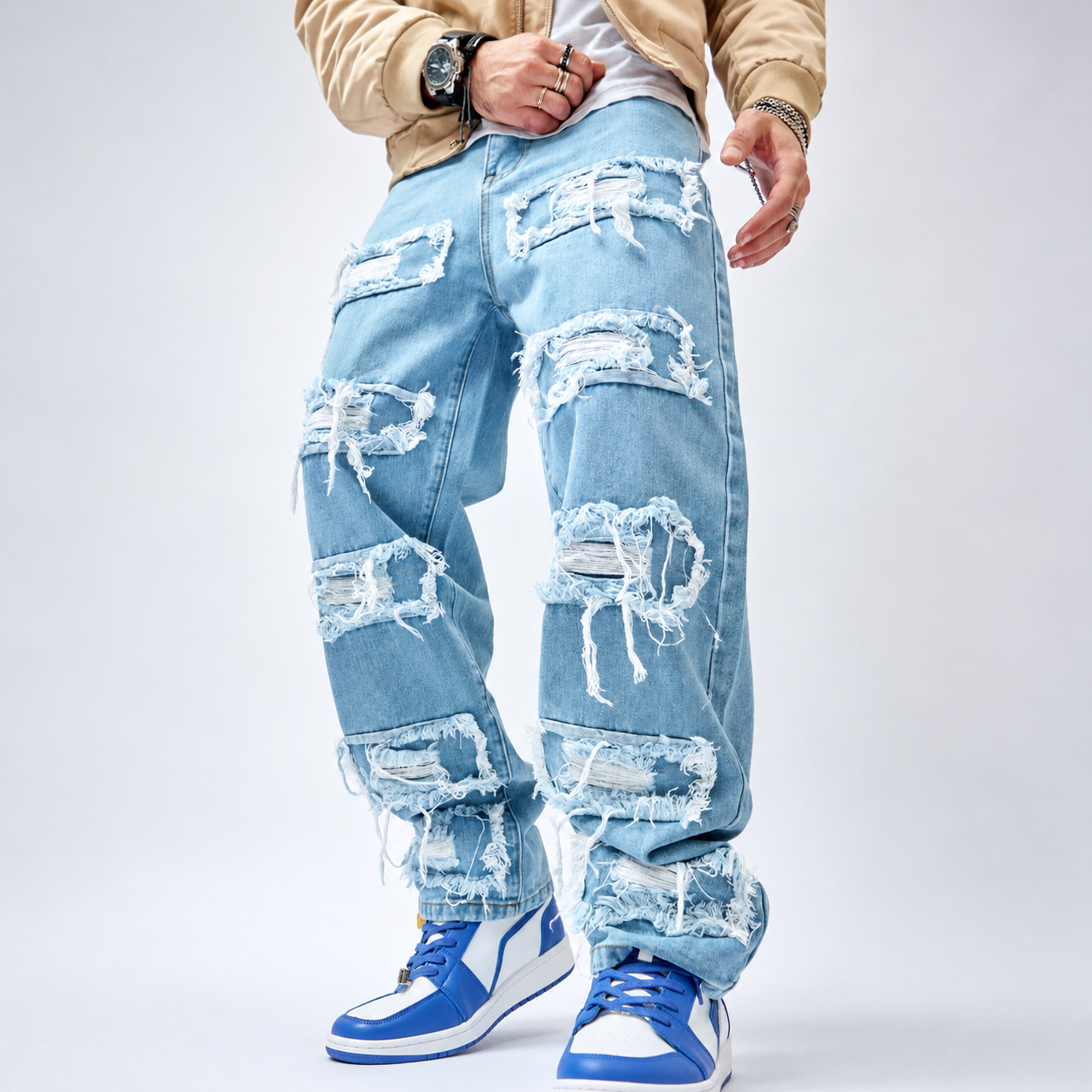 Loose Fit Stretch Baggy Denim Jeans With Pockets For Men