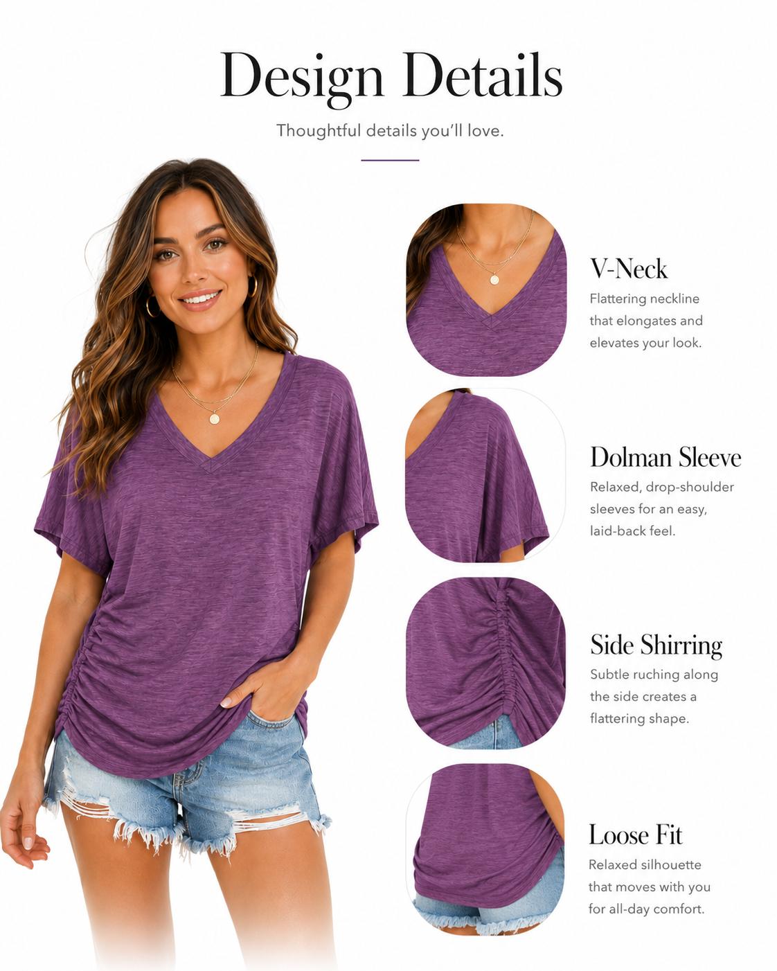 WIHOLL SwimWeek Womens Short Sleeve V Neck Dolman Tops with Side Shirring Loose Fit Shirts