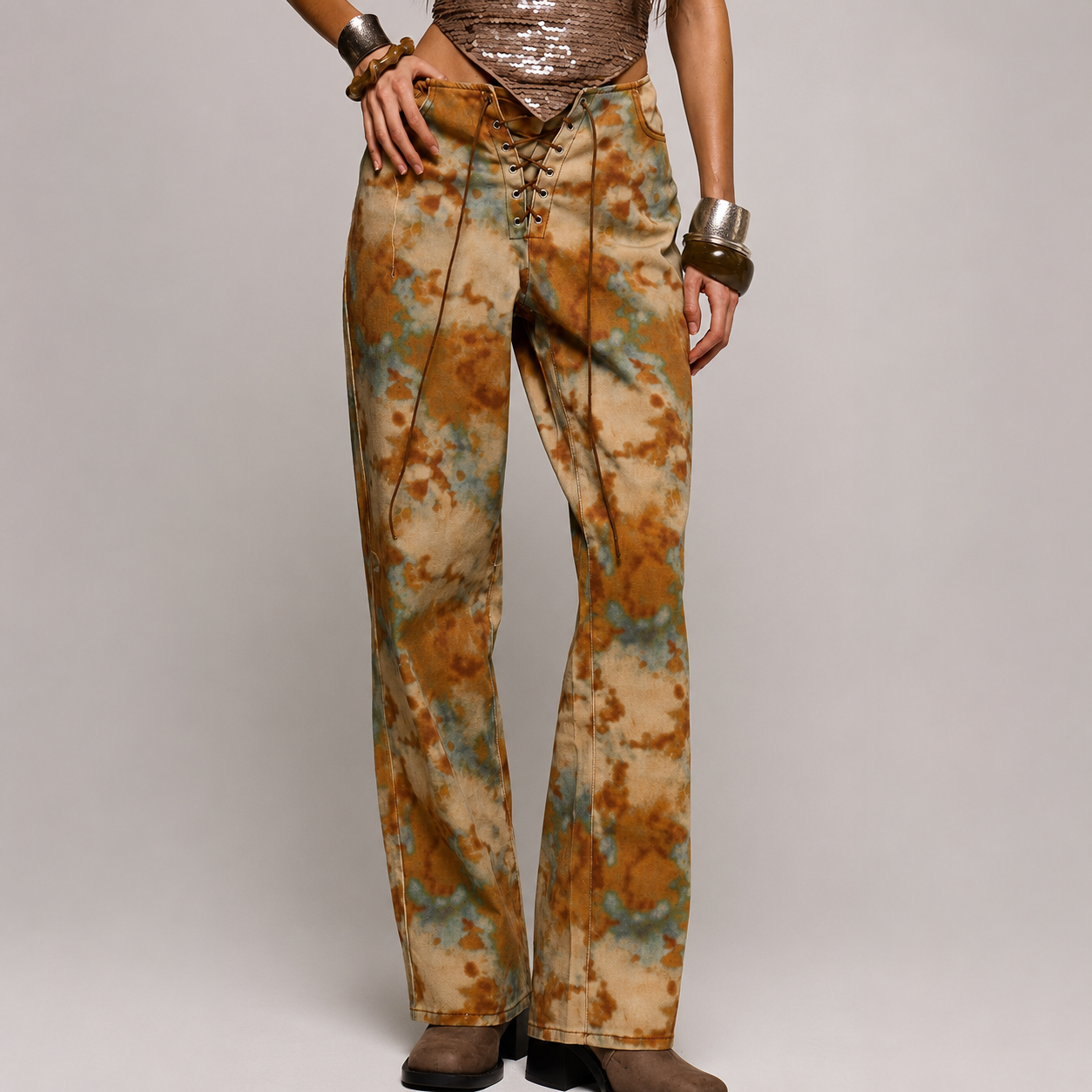 Peacock Print Lace Up Straight Leg Printed Jeans For Women