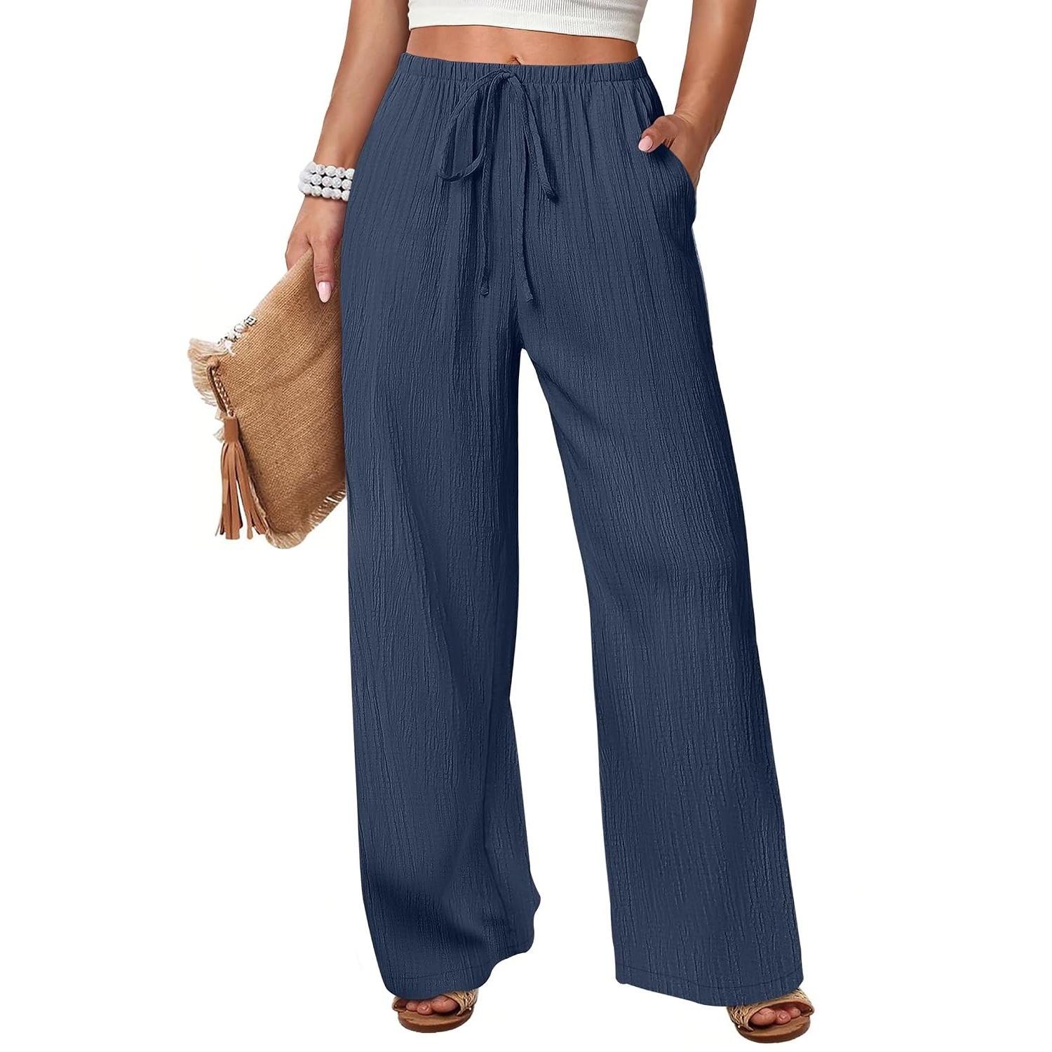 Casual Flowy Drawstring Palazzo Pants With Pockets