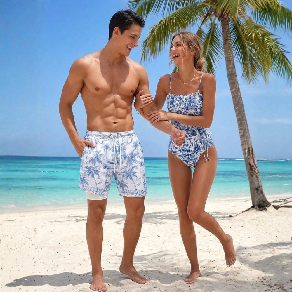 Beach Matching Swimwear Set With Tropical Print For Couples