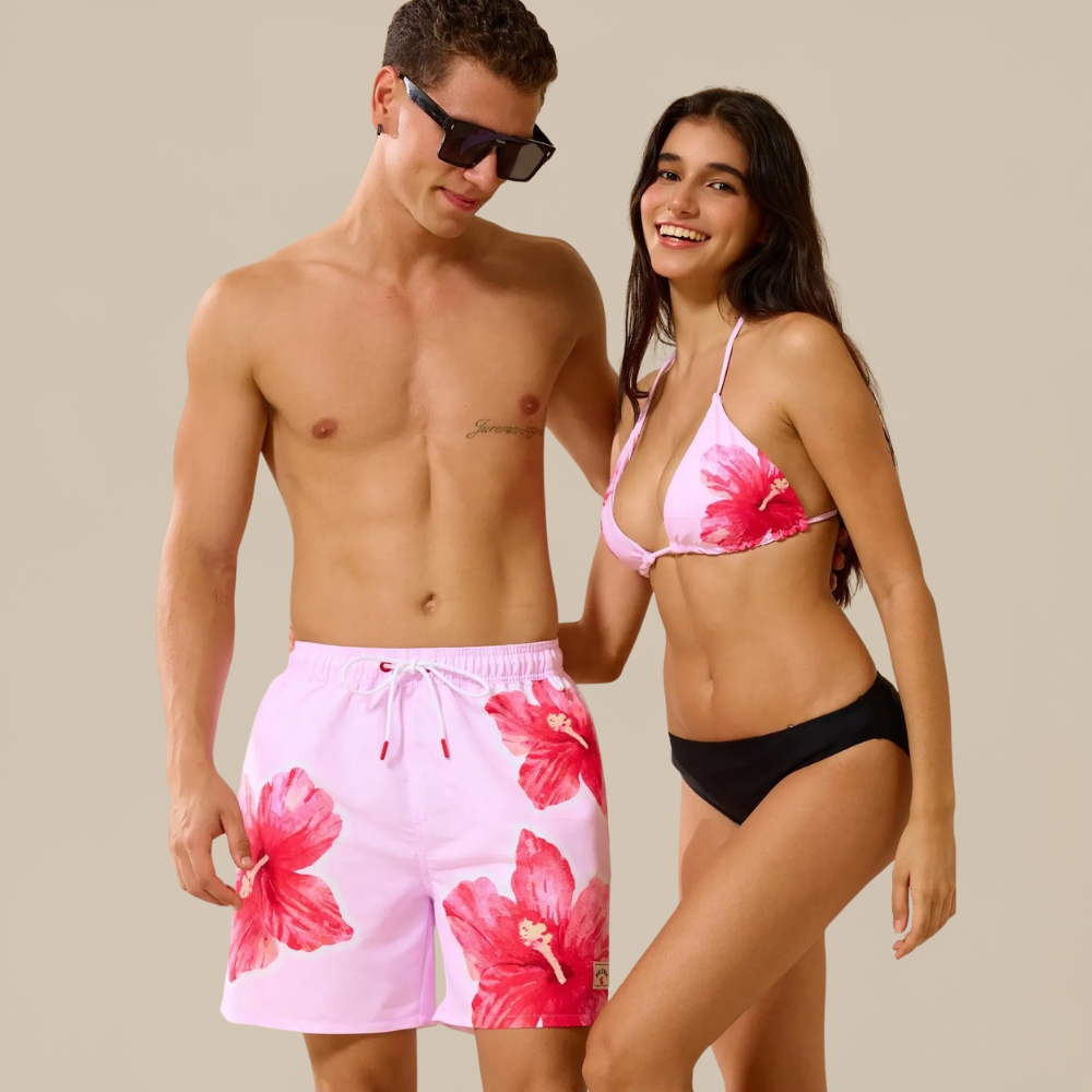Beach Matching Swimwear Set With Tropical Print For Couples