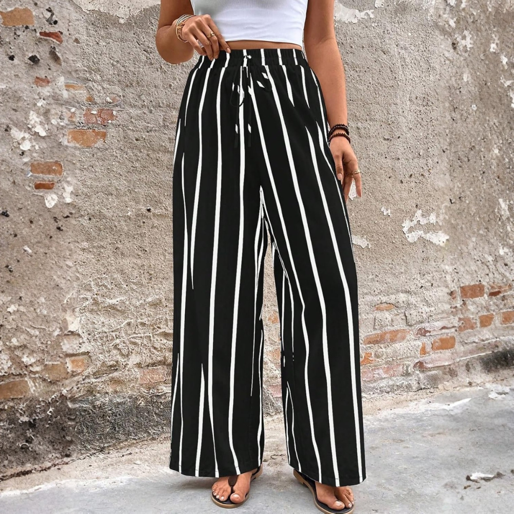 Casual Striped Wide Drawstring Pants With Pockets