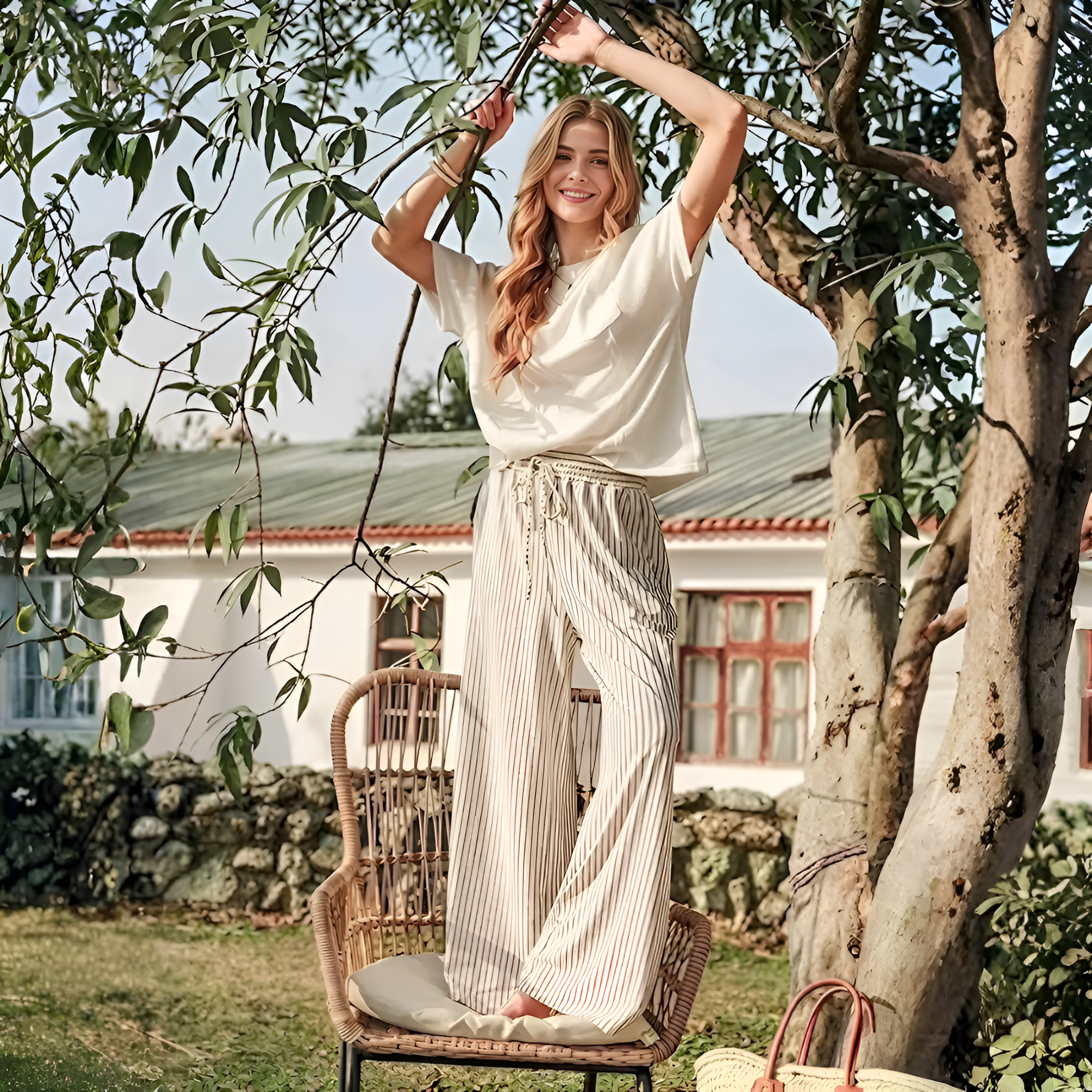 Women Casual Drawstring Elastic Waist Striped Wide Leg Pants with Pockets