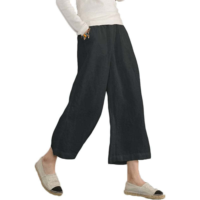 Women Loose Cotton Capris Cropped Wide Leg Pants-Legletic