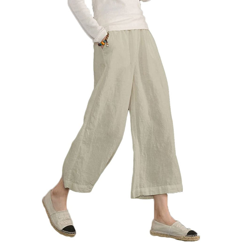 Women Loose Cotton Capris Cropped Wide Leg Pants-Legletic