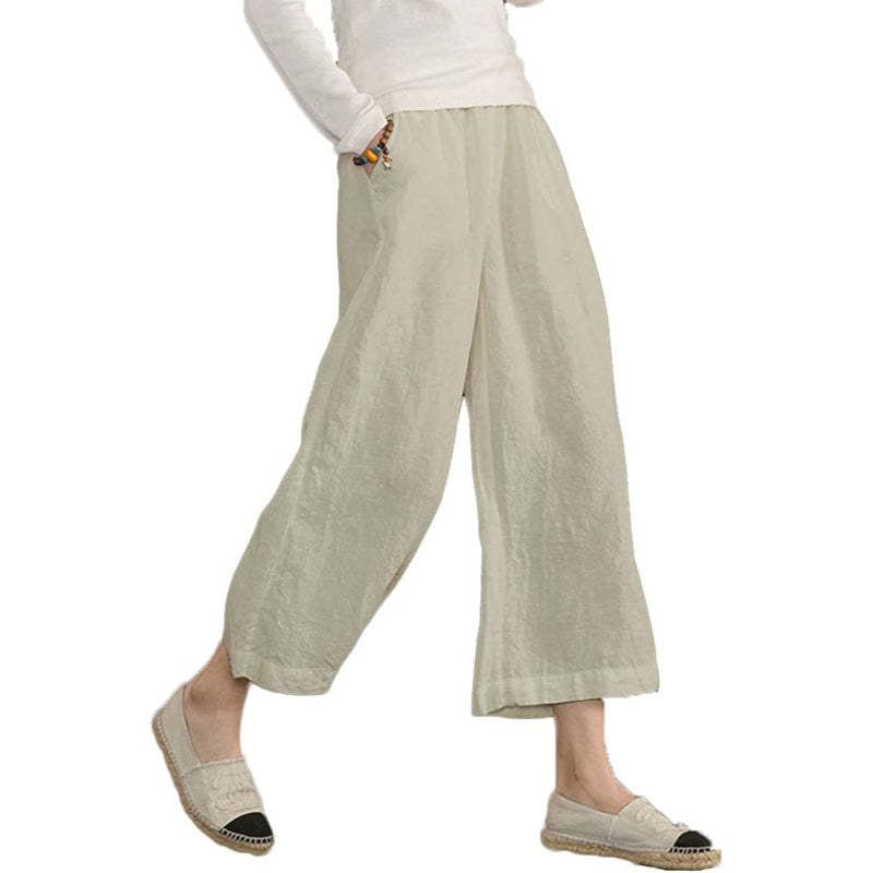 Women Loose Cotton Capris Cropped Wide Leg Pants-Legletic