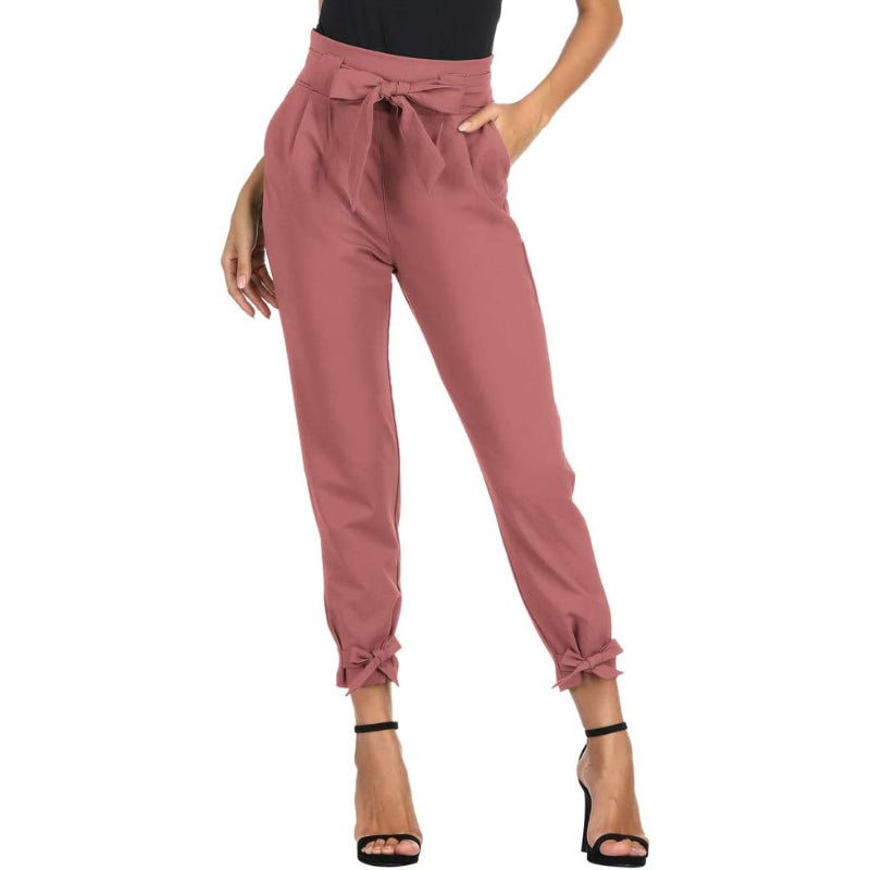 Women High Waist Regular Fit Pencil Pants With Bow-Knot Pockets-Legletic