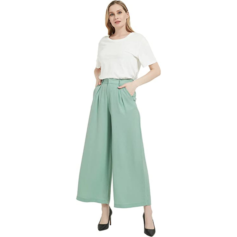 Women High Waist Casual Wide Leg Long Palazzo Regular Trousers-Legletic