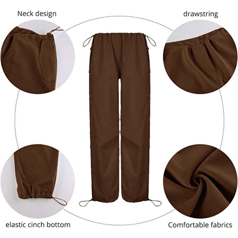 Women Baggy Low Waist Cargo Pants Y2K Parachute Pants For Women Wide Straight Leg Drawstring Trouser With Pocket-Legletic