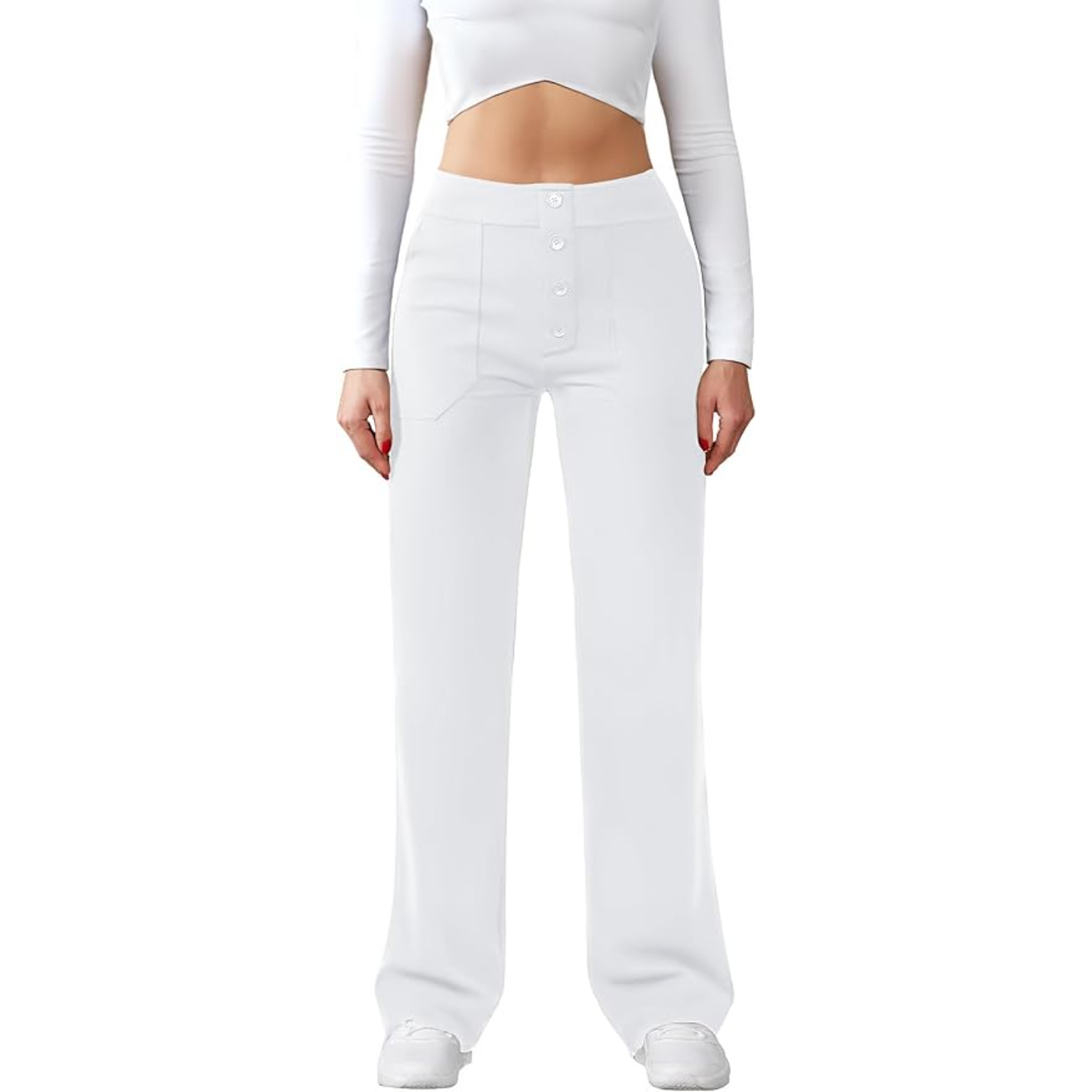 High Rise Straight Pants With Button Detail And Pocket For Women
