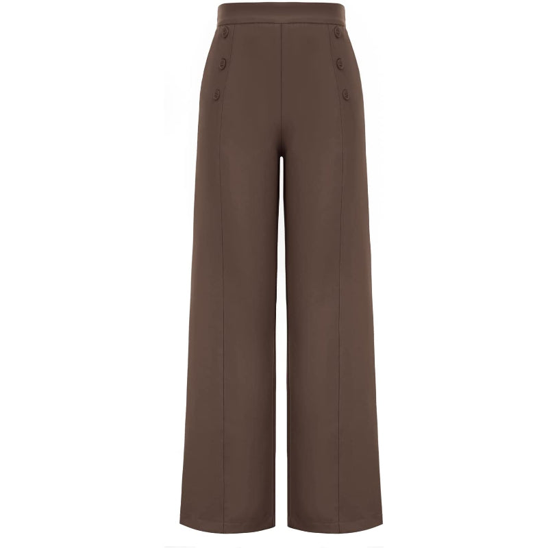 Women's Stretchy High Waisted Work Wide Leg Pants Button Down Casual Sailor Trousers With Pockets-Legletic