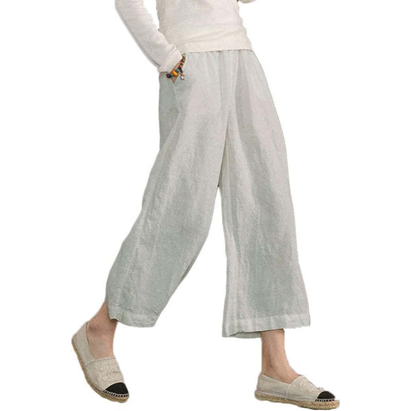 Women Loose Cotton Capris Cropped Wide Leg Pants-Legletic