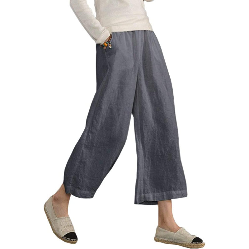 Women Loose Cotton Capris Cropped Wide Leg Pants-Legletic