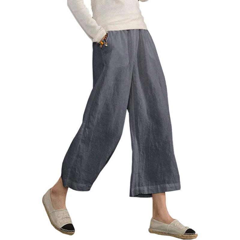 Women Loose Cotton Capris Cropped Wide Leg Pants-Legletic