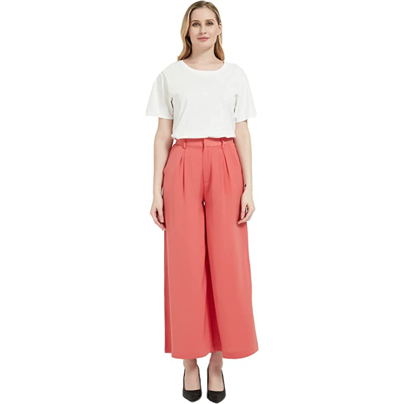 Women High Waist Casual Wide Leg Long Palazzo Regular Trousers-Legletic